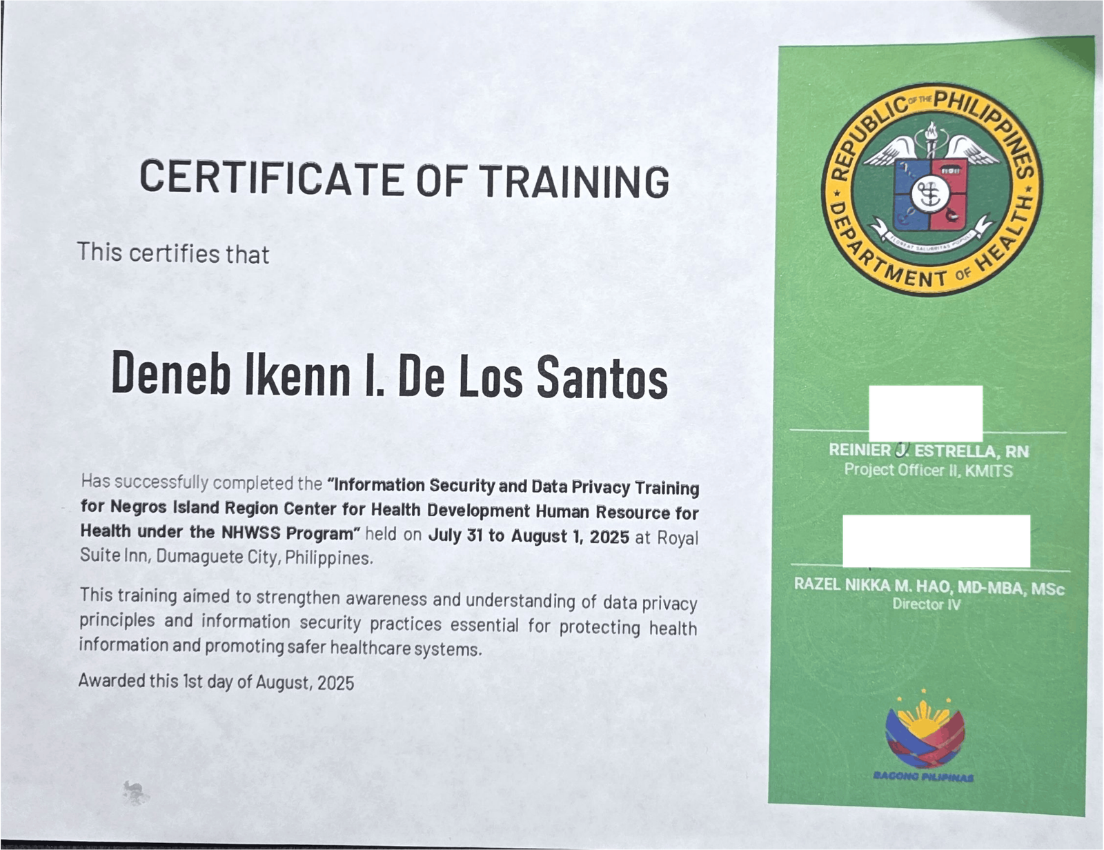 Information Security and Data Privacy Training certificate