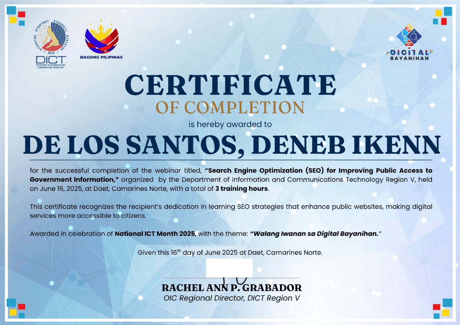 SEO for Improving Public Access to Government Information certificate