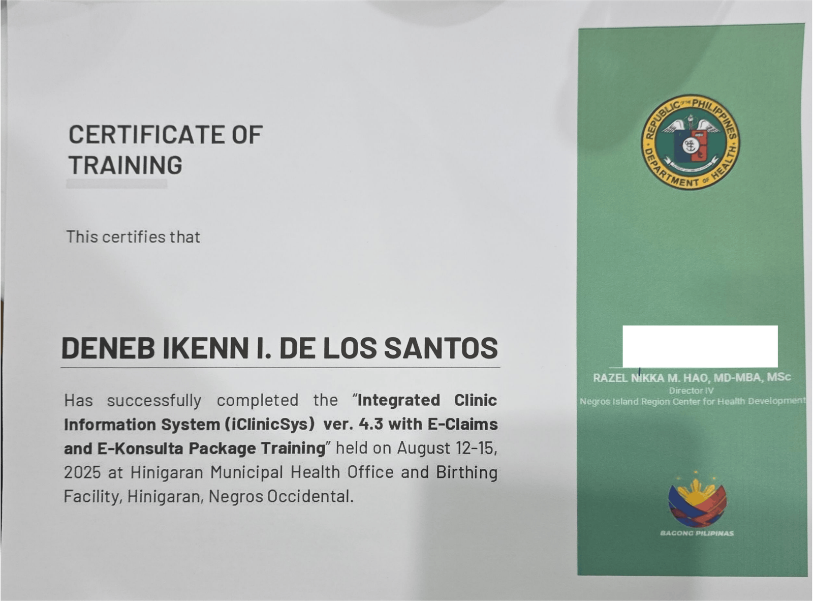 Certificate of Training - iClinicSys certificate